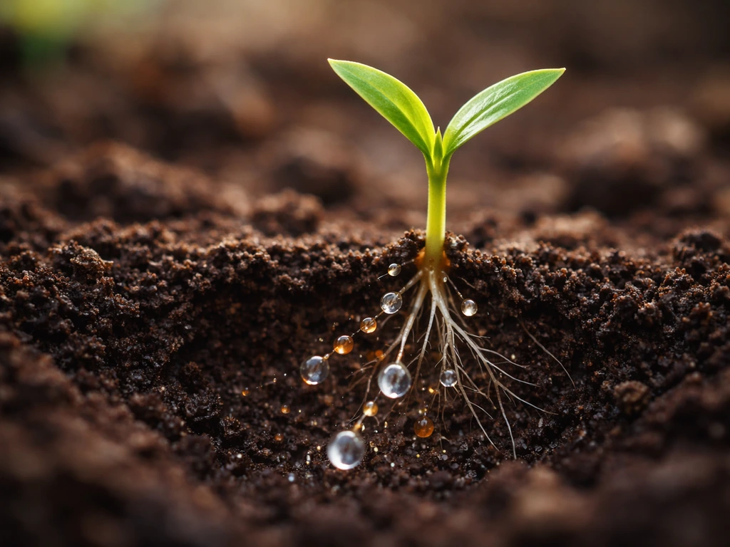 A green plant sprout with water droplets and soil particles moving toward the roots to show nutrient supply.