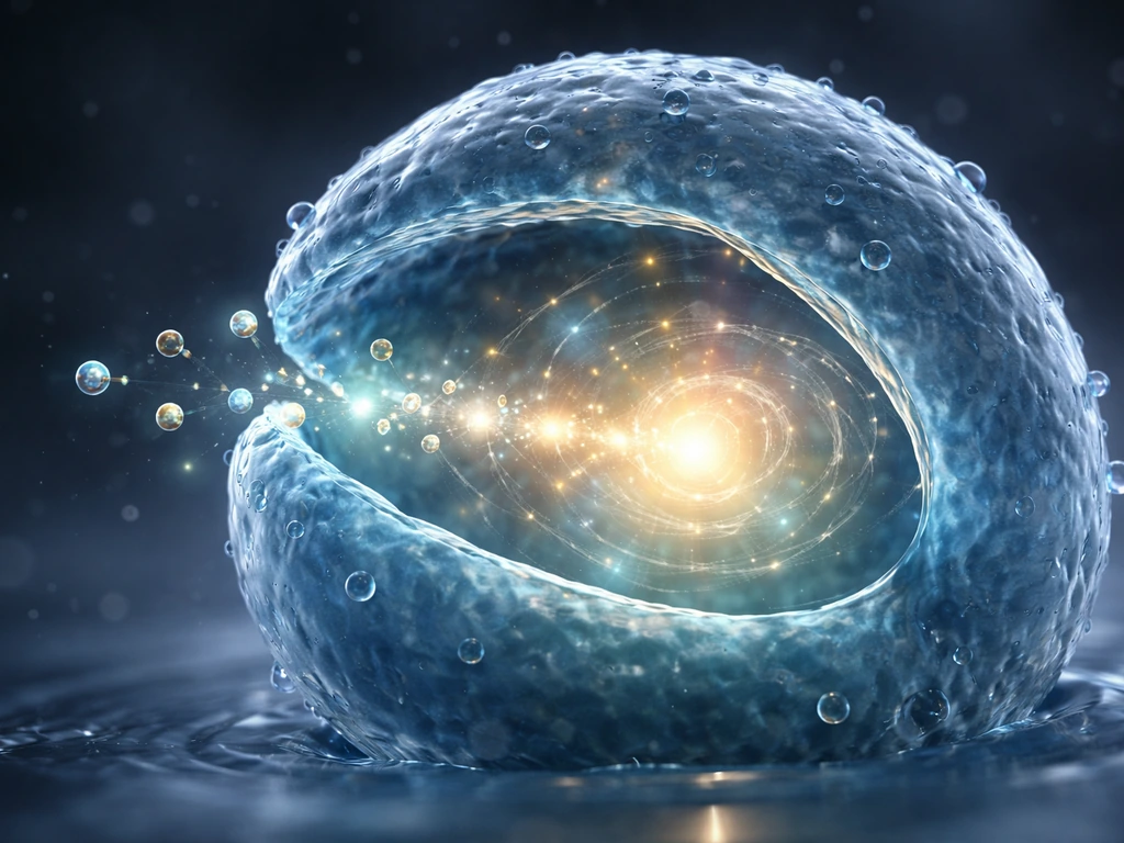 Single human cell with nutrients entering, energy/oxygen glow inside, water balance, and faint division signals.