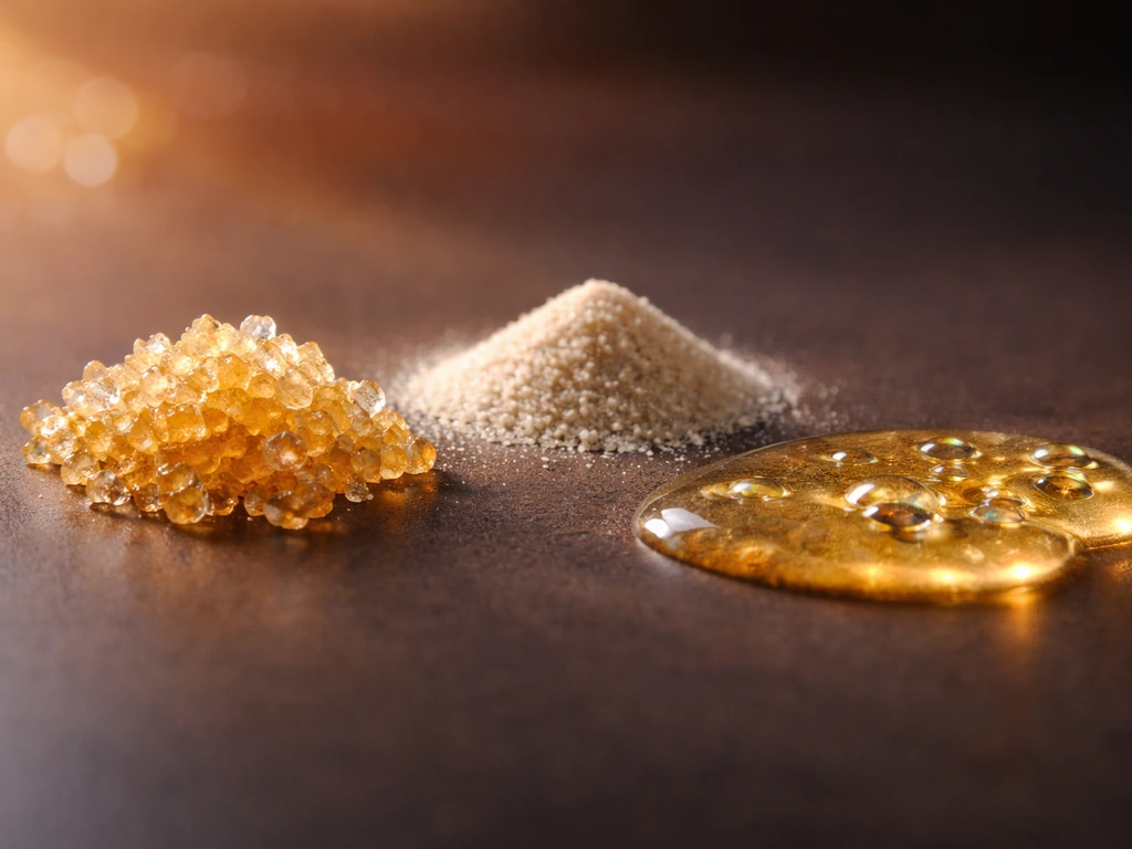 Macro close-up of sugar crystals, amino-acid granules, and glossy oil droplets as cell nutrient building blocks
