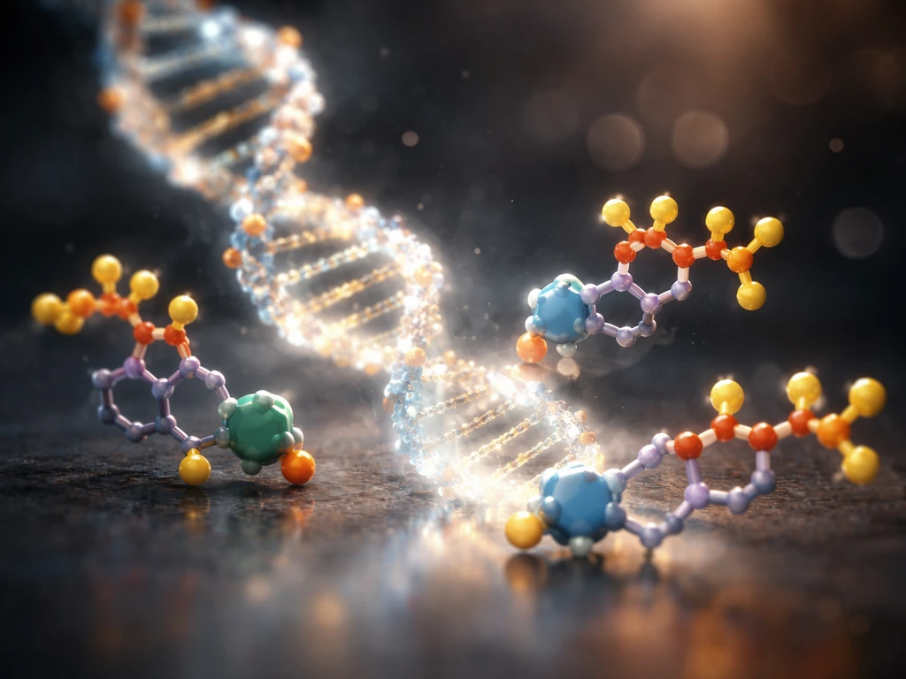Macro view of nucleotide triphosphates near a softly lit DNA helix fragment in a dark minimal scene.