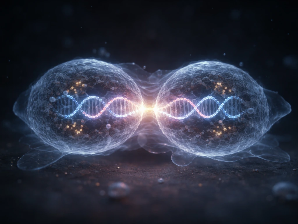 Close-up of a dividing cell showing glowing DNA duplication, ribosome assembly, and membrane vesicles.