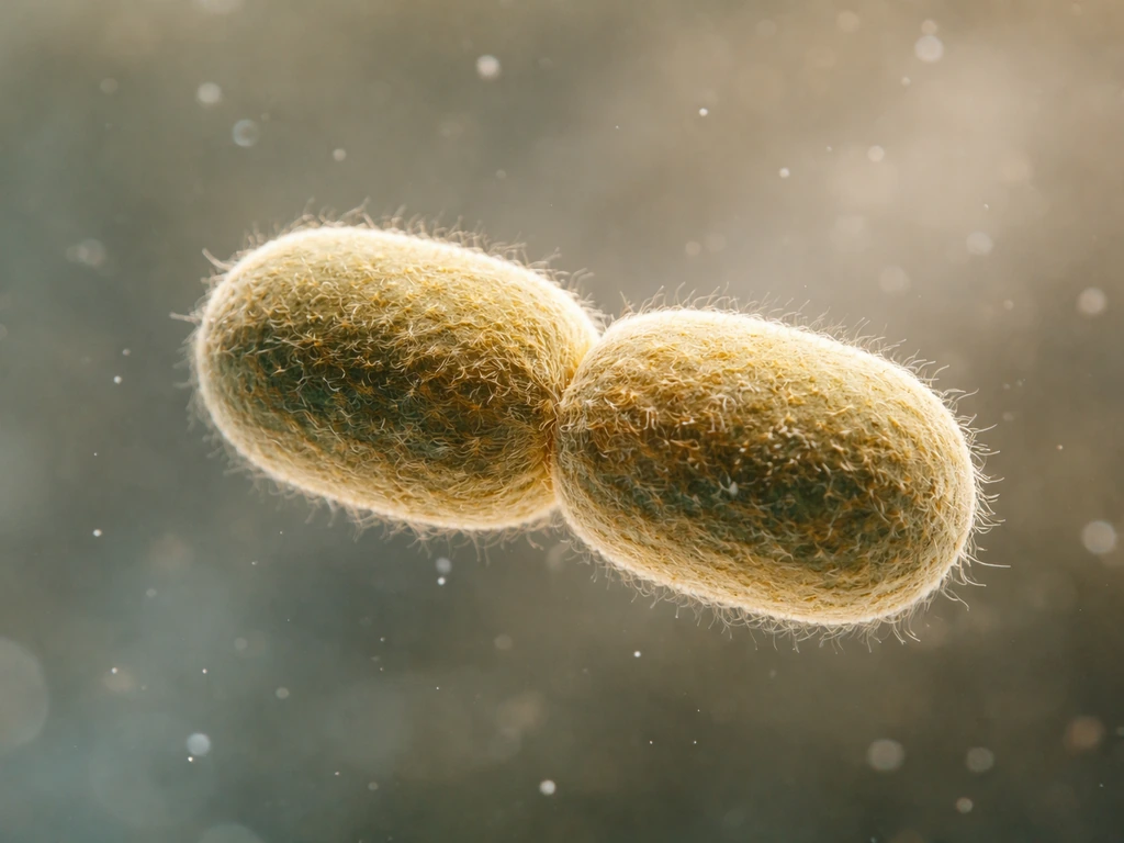 Close-up realistic view of a rod-shaped bacterium splitting into two cells on a simple blurred background