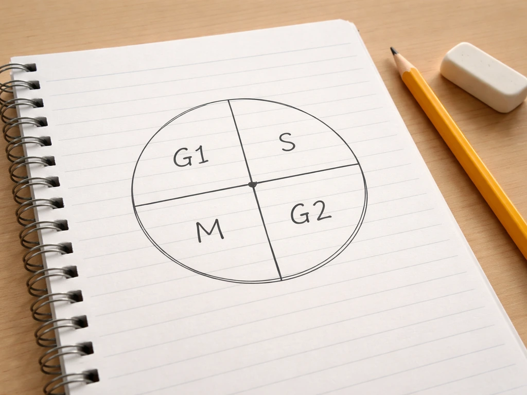 Minimal photo of a hand-drawn ring showing four cell-cycle phases labeled G1, S, G2, M on a notebook page.