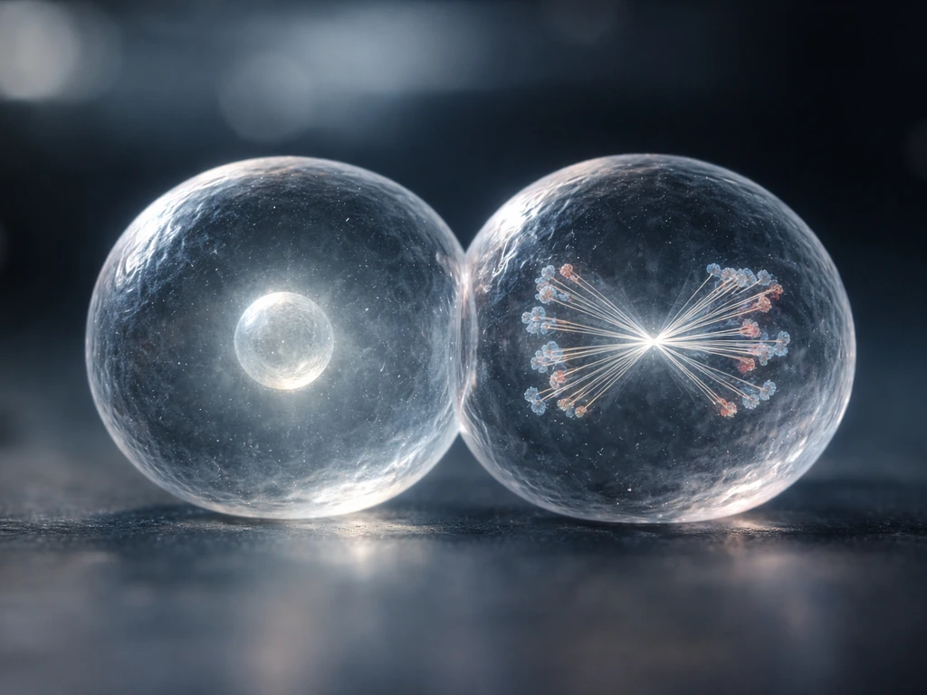 Close-up of two simplified cell-like spheres—one gently expanding, one with chromosomes-like strands in mitosis