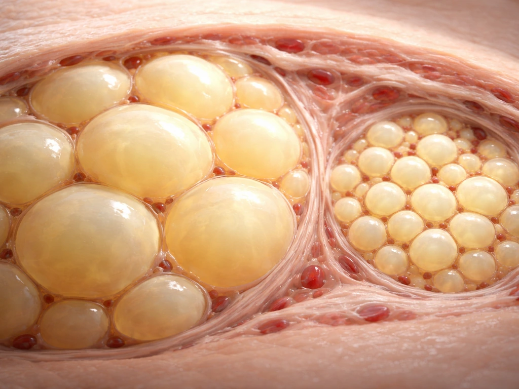 Cross-section of adipose tissue showing enlarged fat cells and newly formed adipocytes in one image.