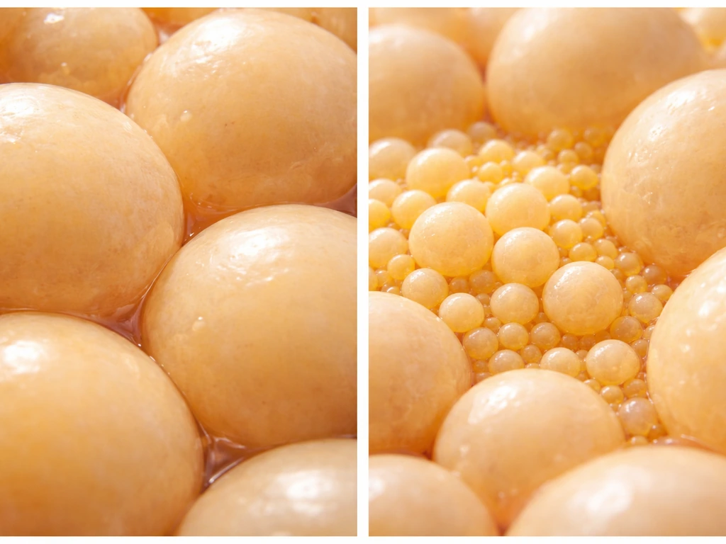 Split-screen macro photo: enlarged fat cells on left vs smaller newly formed fat cells on right.