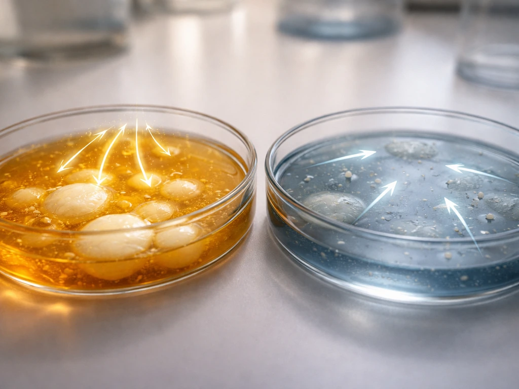 Two adjacent lab dishes: warm glucose particles entering fat-like cells versus cooler counter-effect motion.