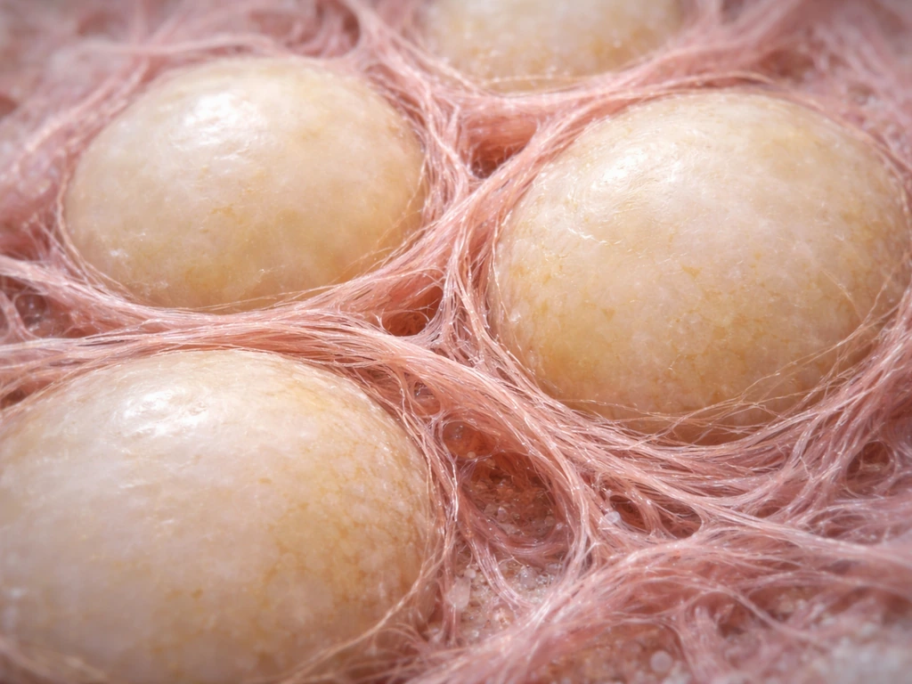 Microscopy-like view of enlarged fat cells surrounded by dense remodeled collagen ECM, early fibrosis.