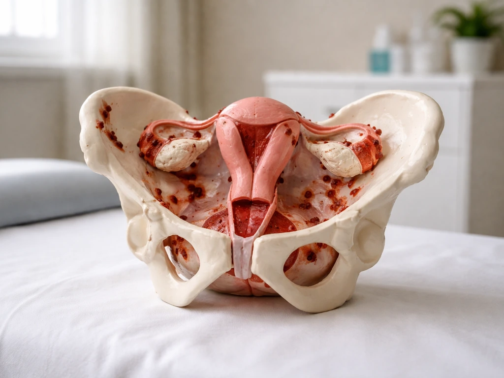 Minimal photo of a medical exam room with an anatomical pelvic model showing common endometriosis locations