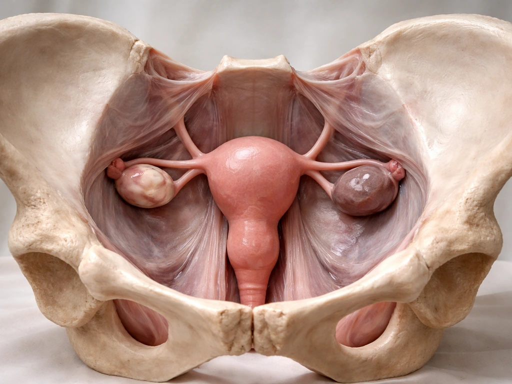 Realistic female pelvis model showing ovaries, pelvic peritoneum, and uterosacral ligaments.