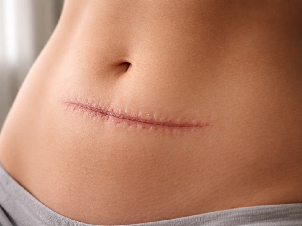 Close-up of a surgical scar on an abdomen with a subtle, minimal anatomical feel in soft natural light
