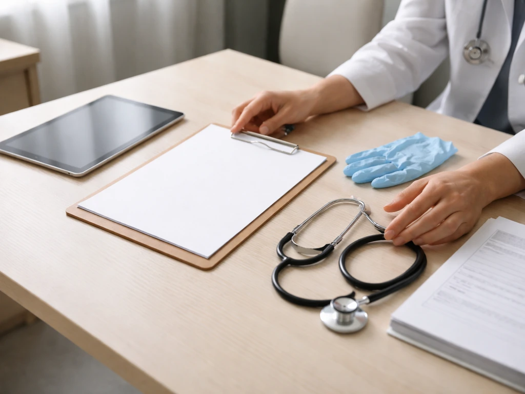 Clinician’s gloved hands arranging blank medical forms and imaging tools on a clinic desk.