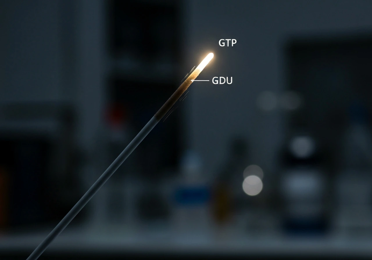 Microtubule plus-end model showing alternating GTP cap growth and GDP-triggered shrinkage in a minimal dark lab scene