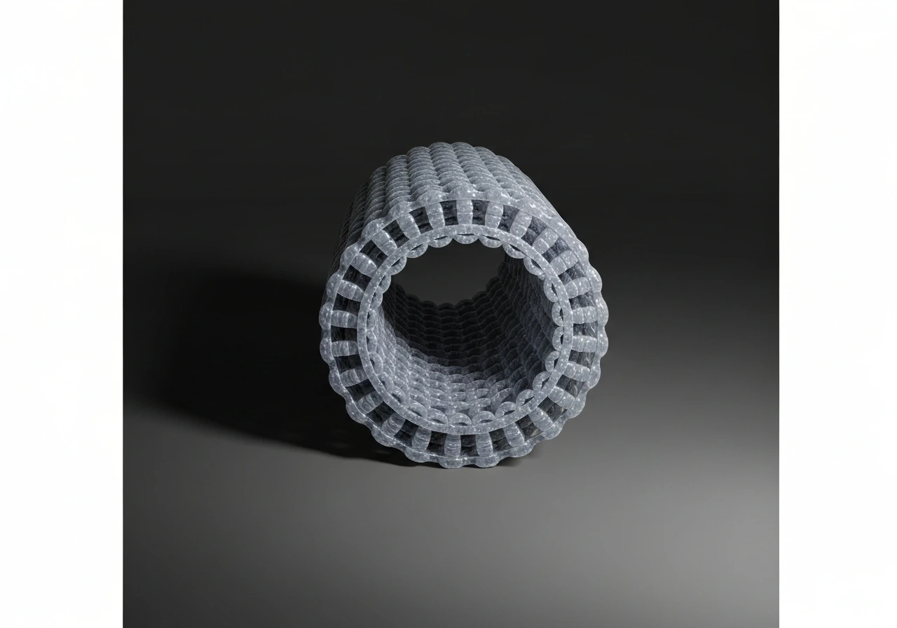 Photo-realistic 3D cutaway of a hollow microtubule tube with stacked tubulin rings and protofilaments.
