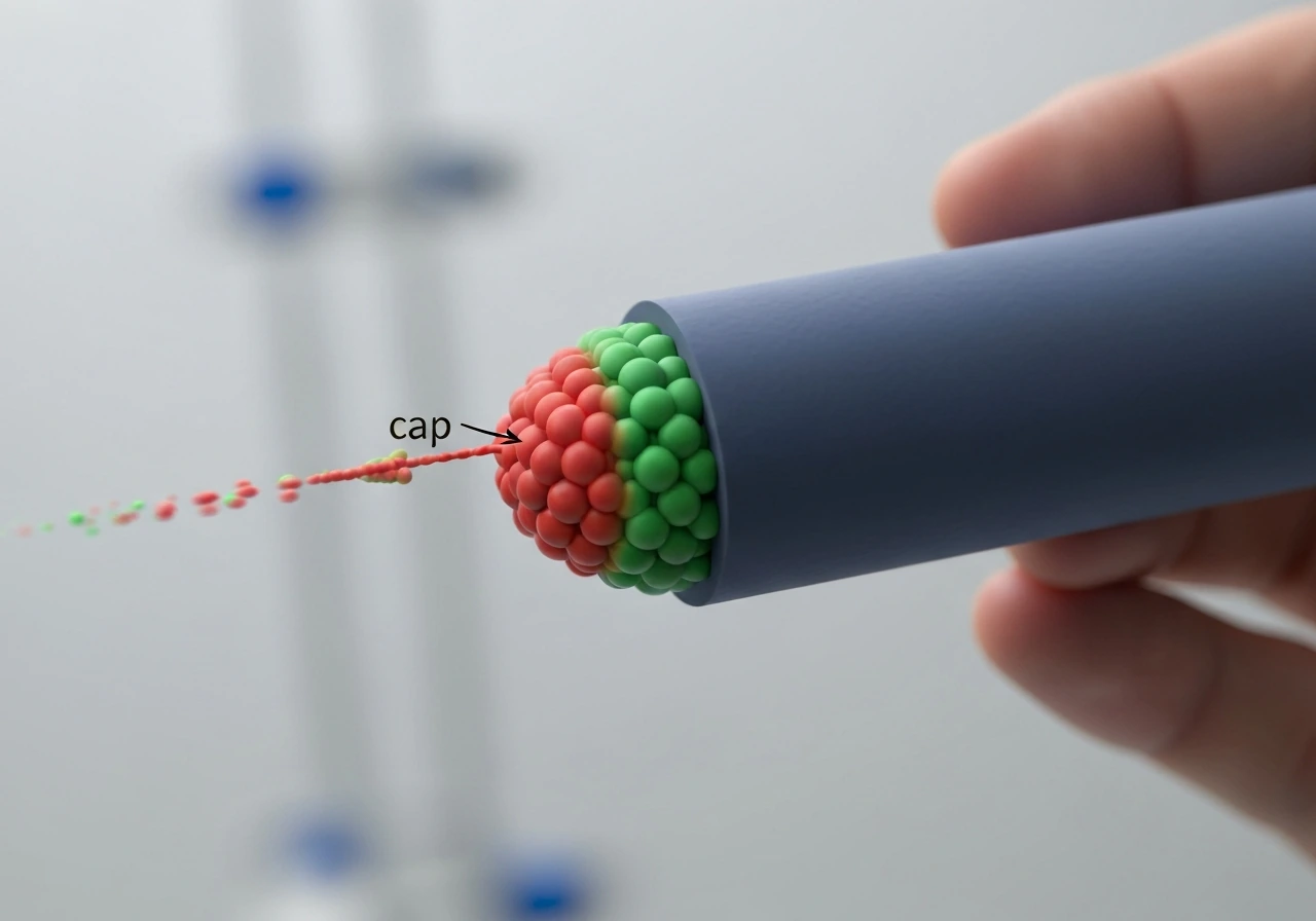 Macro close-up of a microtubule tip showing a tiny green-to-red GTP cap region.