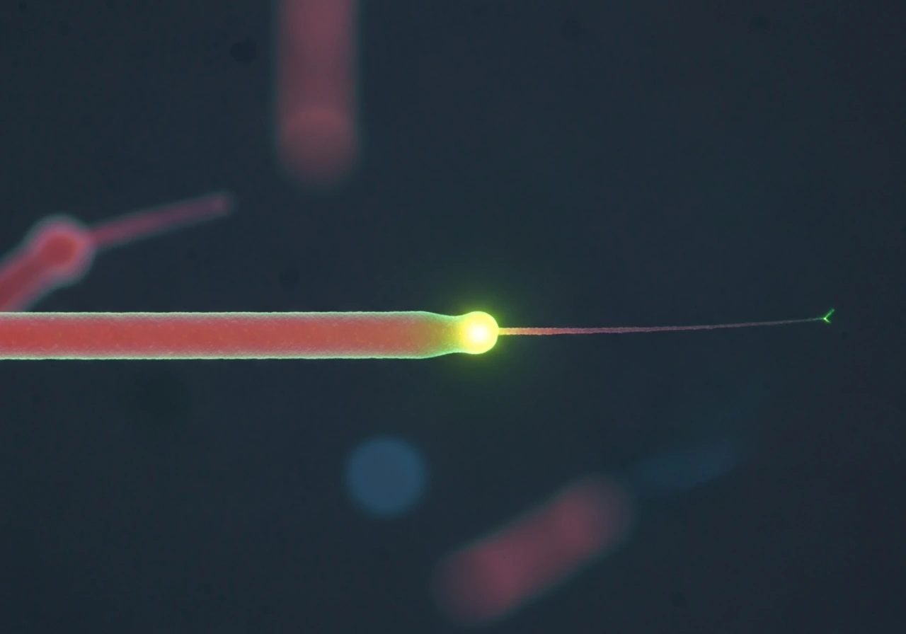 Close-up of a fluorescent microtubule end switching from shortening to growth with a bright stabilizing cap.
