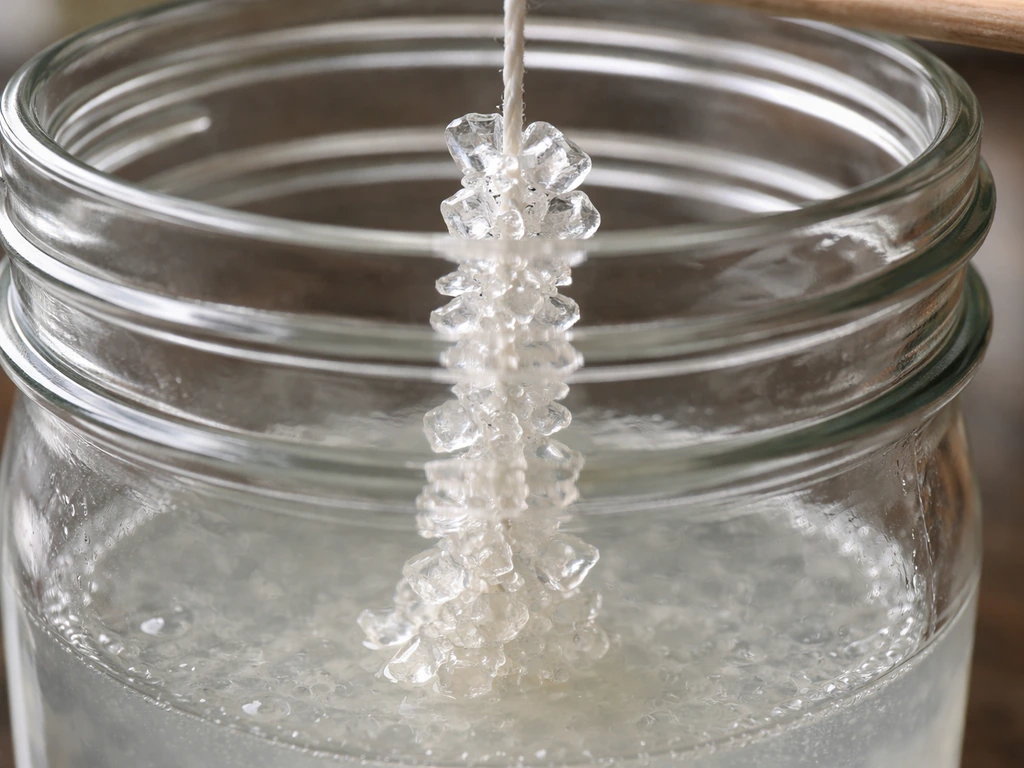 Close-up of rock candy sugar crystals on a string growing in a clear jar of supersaturated syrup.