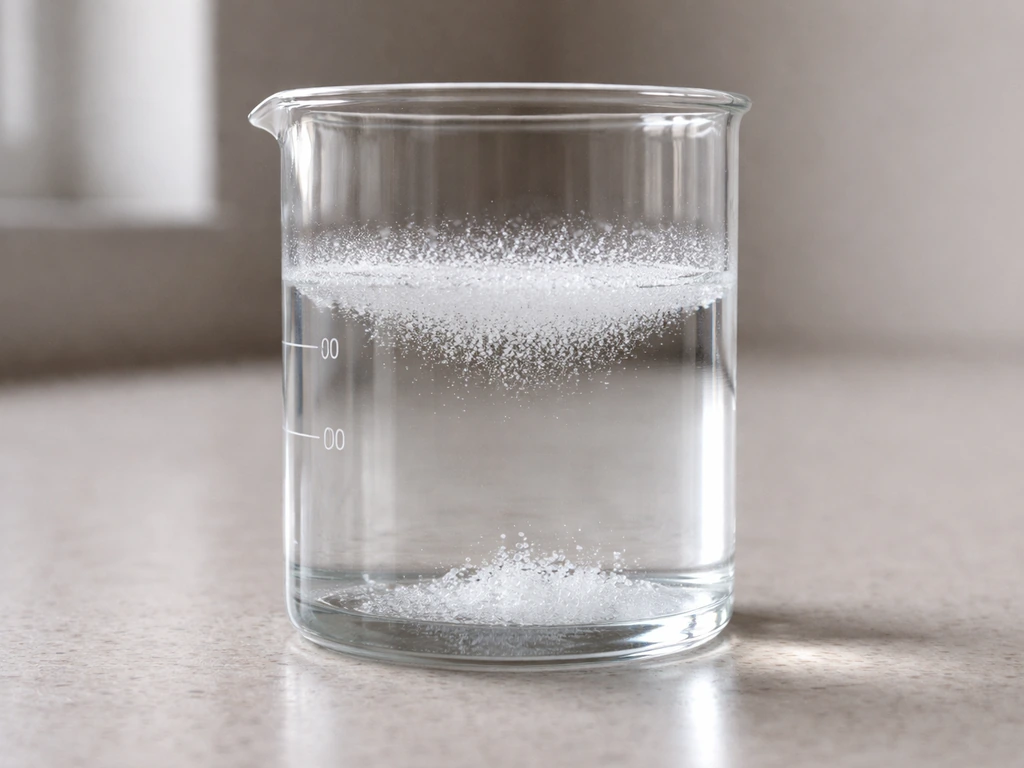 Minimal photo-like scene showing a clear glass of water with sugar dispersing and tiny crystal seeds forming.