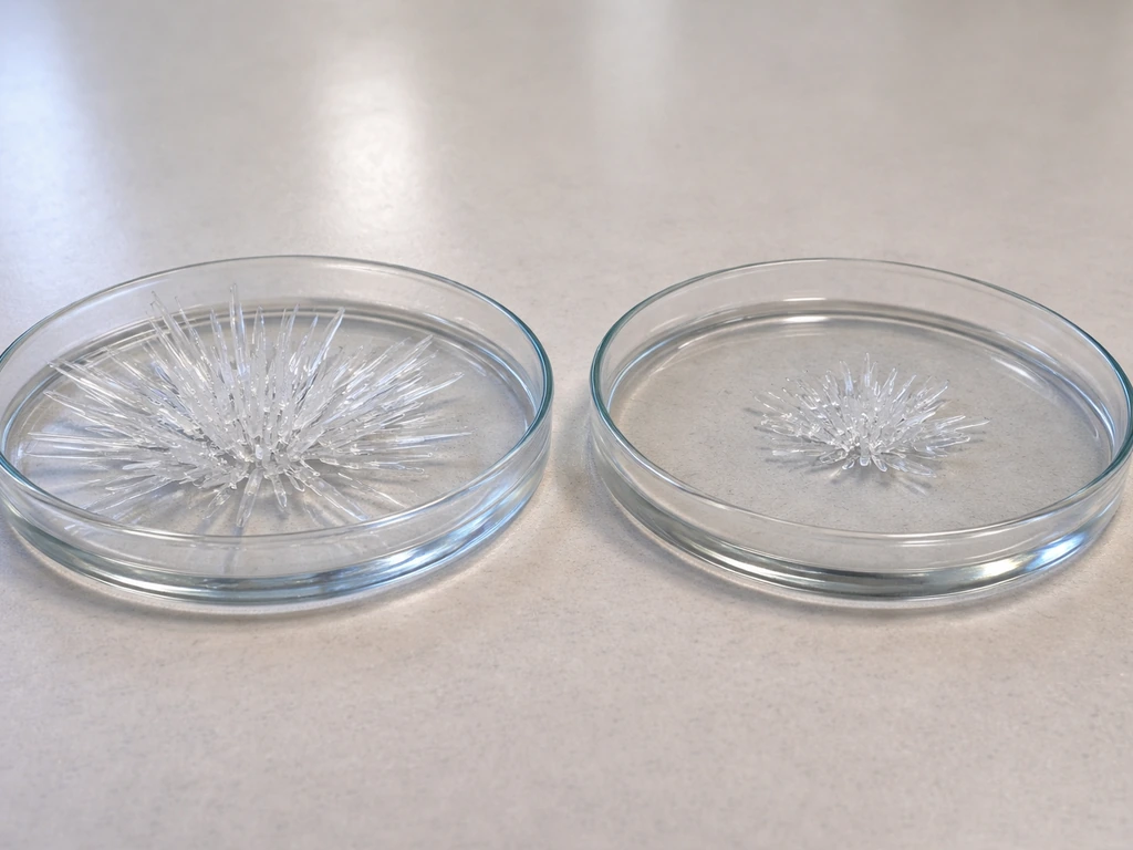 Two small crystal clusters grown under different conditions in a simple lab dish setup.