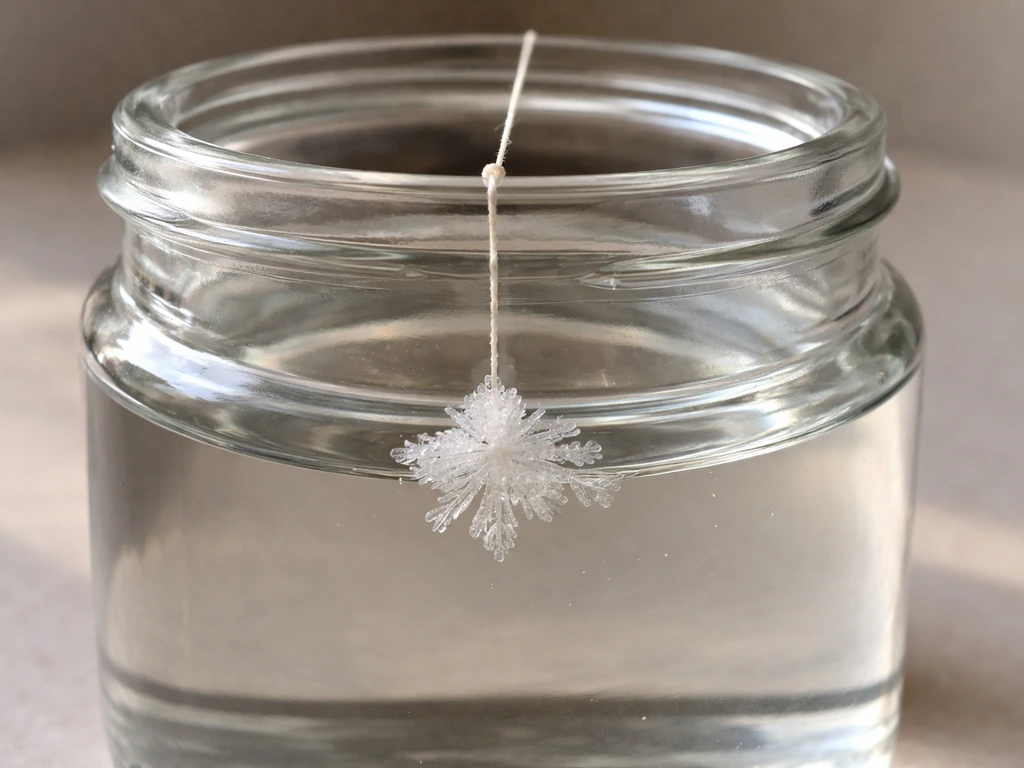 Close-up of a sugar seed crystal on a suspended string in a syrup jar, with crystals growing outward.