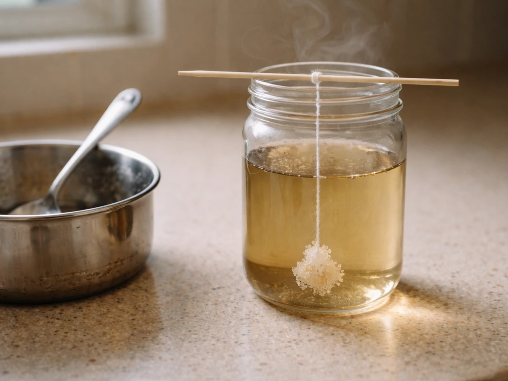 Clear jar of cooling syrup on a kitchen counter with a string and small sugar seed crystal.