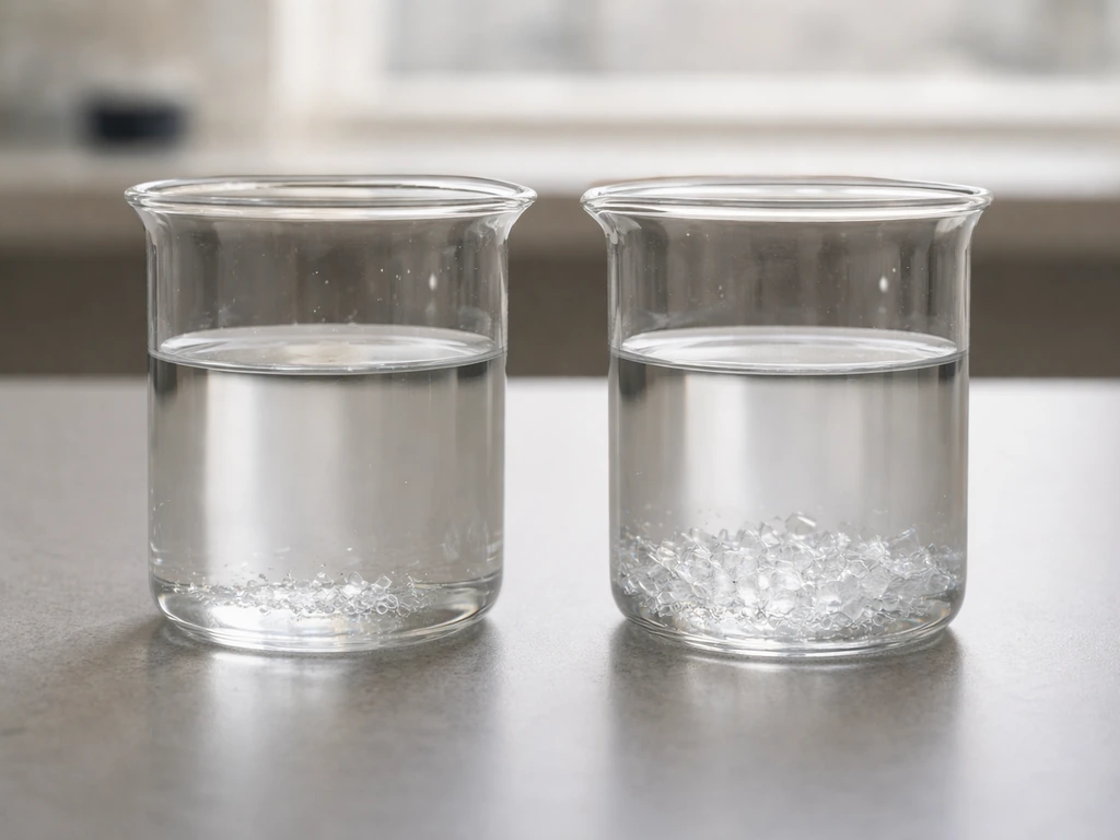 Two beakers side by side with clear solutions; one shows faster crystal growth with denser crystals.