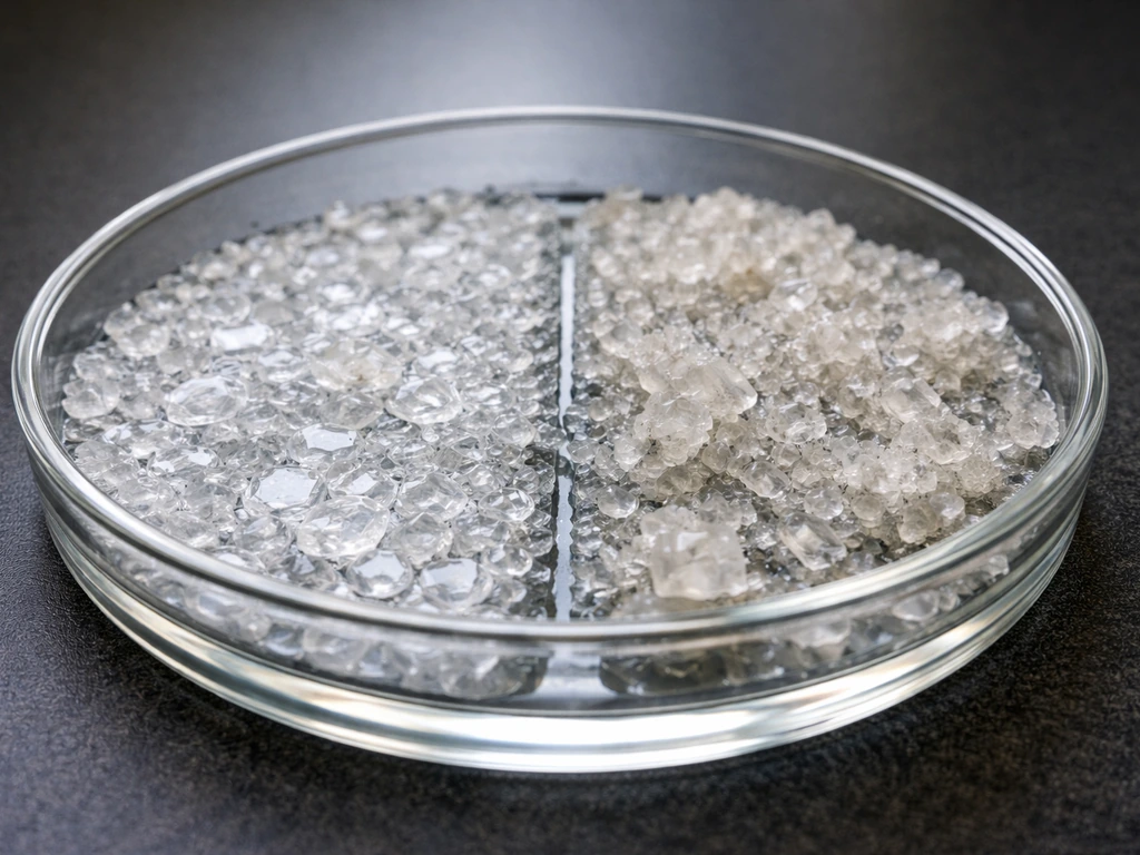 Two crystal growths in a petri dish: smoother faces on one side, rougher cloudy growth on the other.
