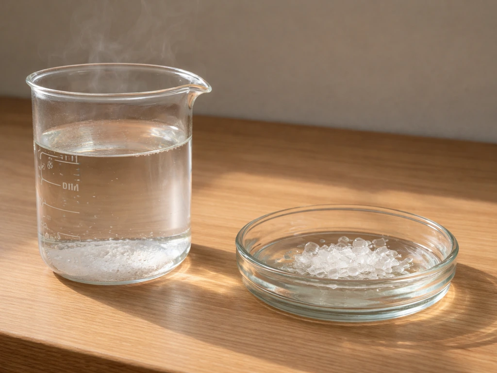 Hot water beaker dissolving potassium alum beside a glass dish with forming crystals