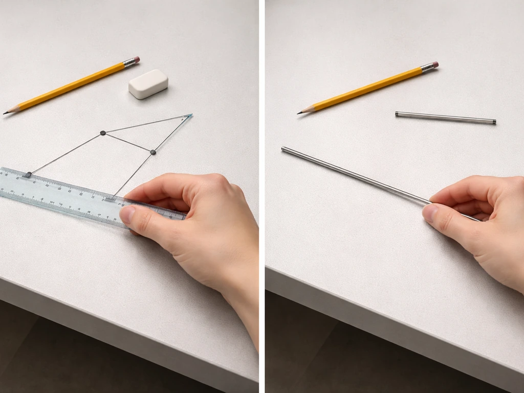Two incorrect geometry setups side-by-side on a desk: extending from an interior point and confusing ray vs segment.