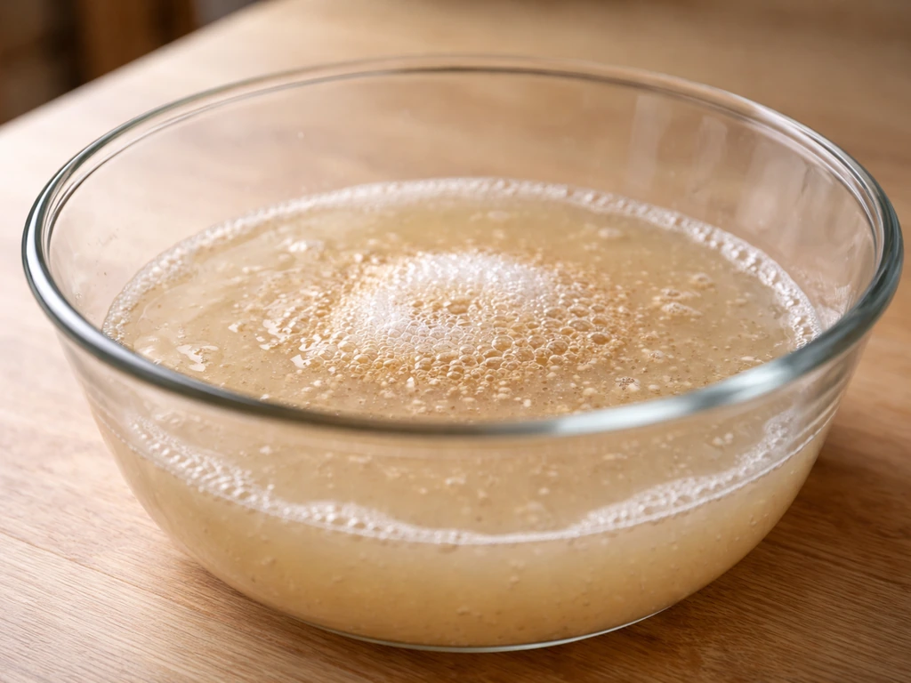 Close-up of warm yeast and sugar fermentation with visible bubbling and light foam.