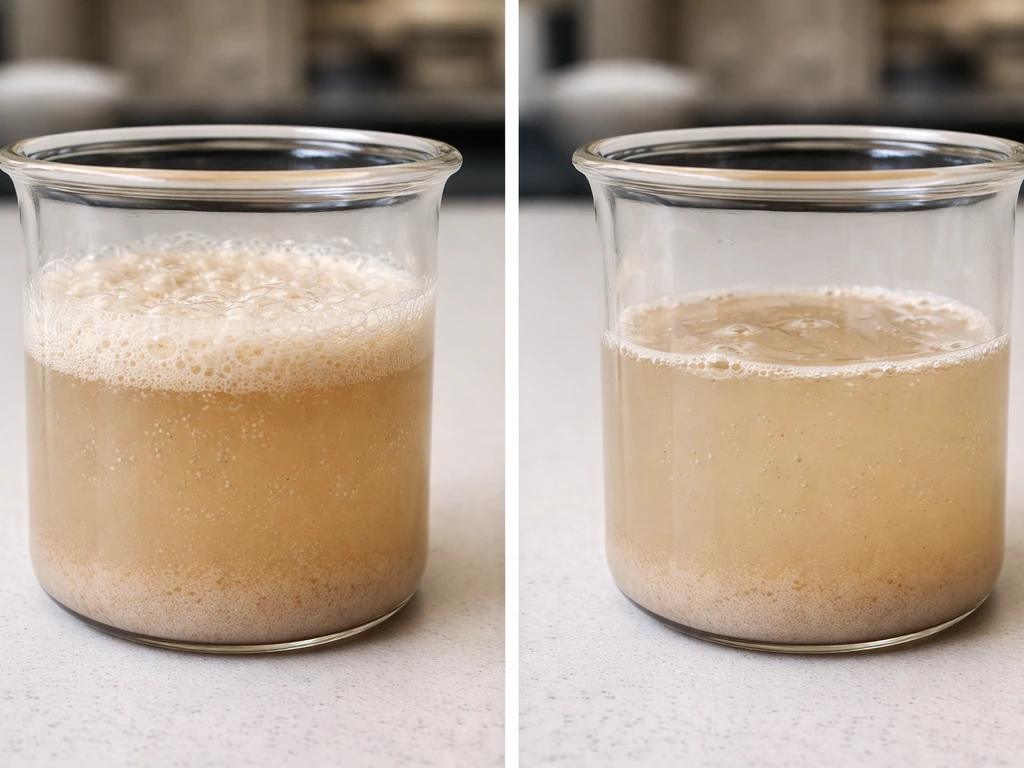 Two clear jars showing yeast activity: one with sugar bubbling strongly, one without sugar with minimal bubbles.
