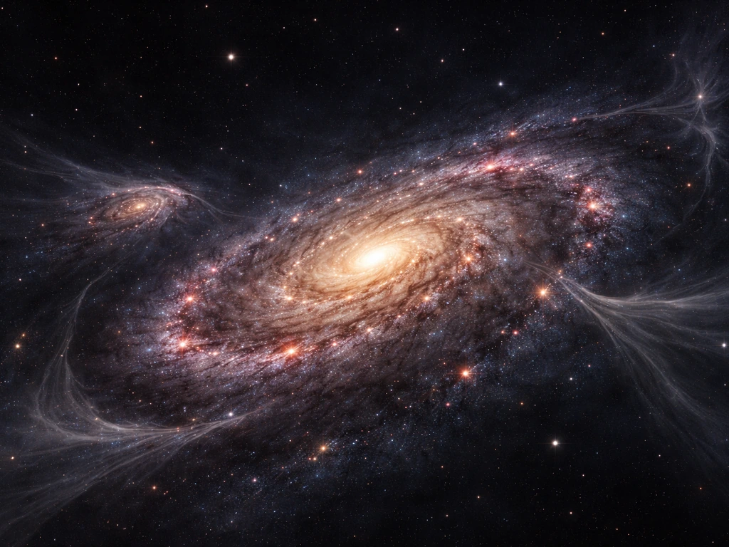 Cinematic view of a spiral galaxy with gas filaments feeding it and a faint merging companion.