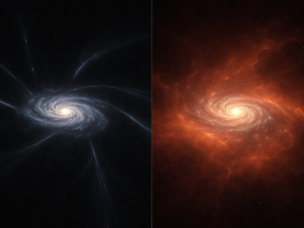 Split scene showing cool filamentary gas streams feeding a galaxy versus a hot diffuse halo around it