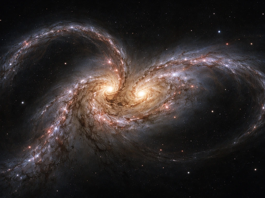 Two similar galaxies colliding, gas pulled into tidal tails with bright star-forming clumps.