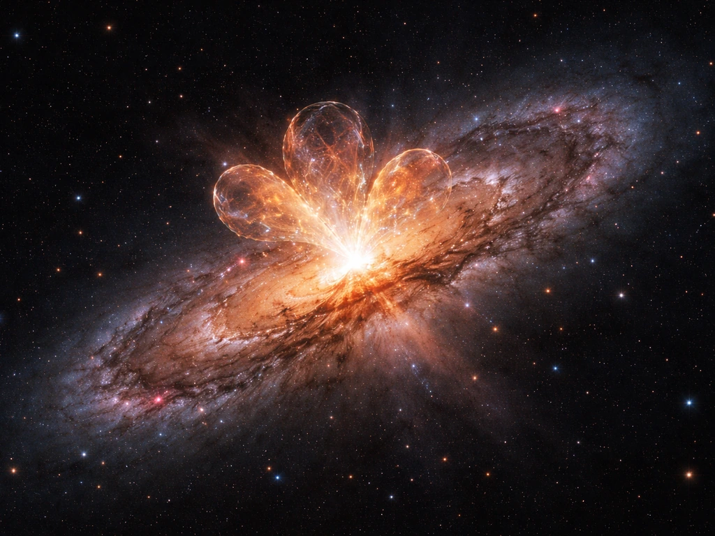 A dark galaxy with glowing starburst outflows forming bubbles and expelling hot gas into space