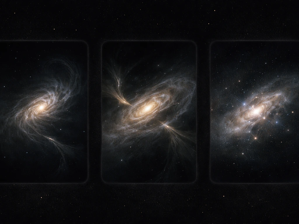 Three photo-real astronomy panels showing tidal merger tails, gas accretion glow, and star-forming clumps.