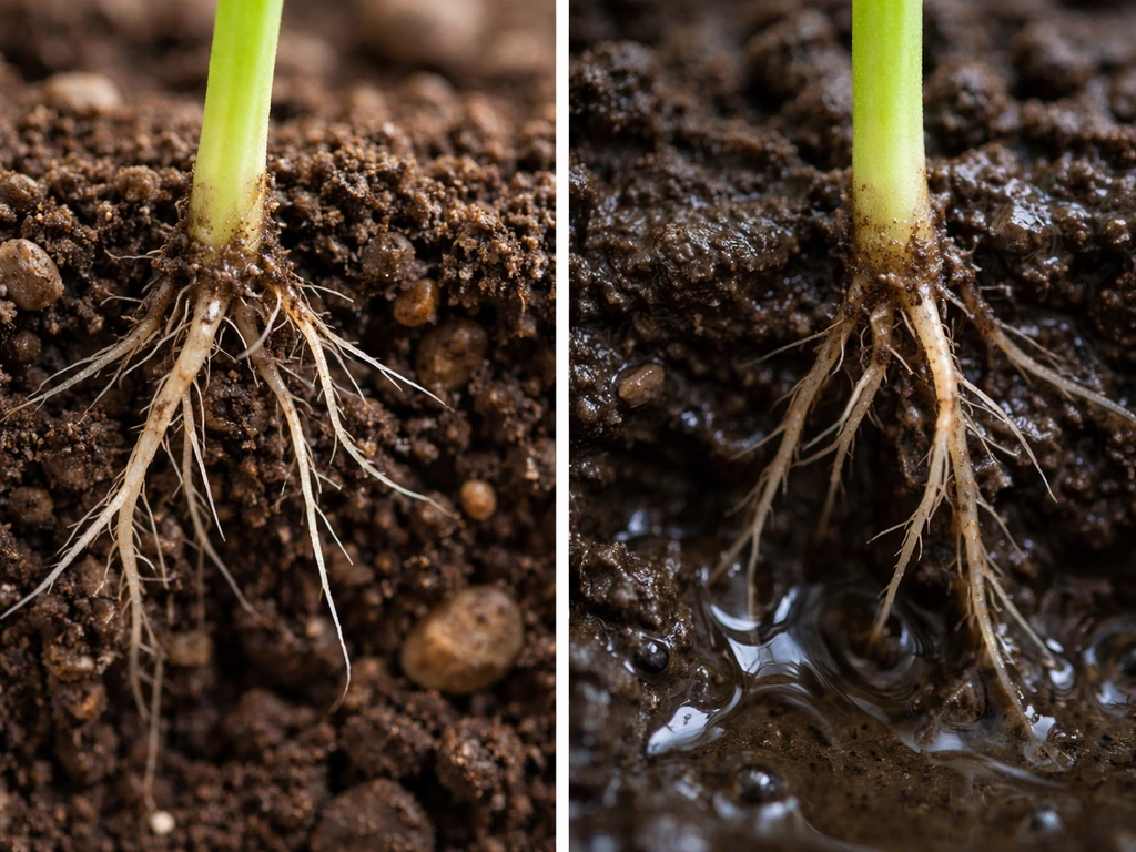 Seedling roots in contrasting soils: well-aerated vs waterlogged and compacted, oxygen difference near the root tip.