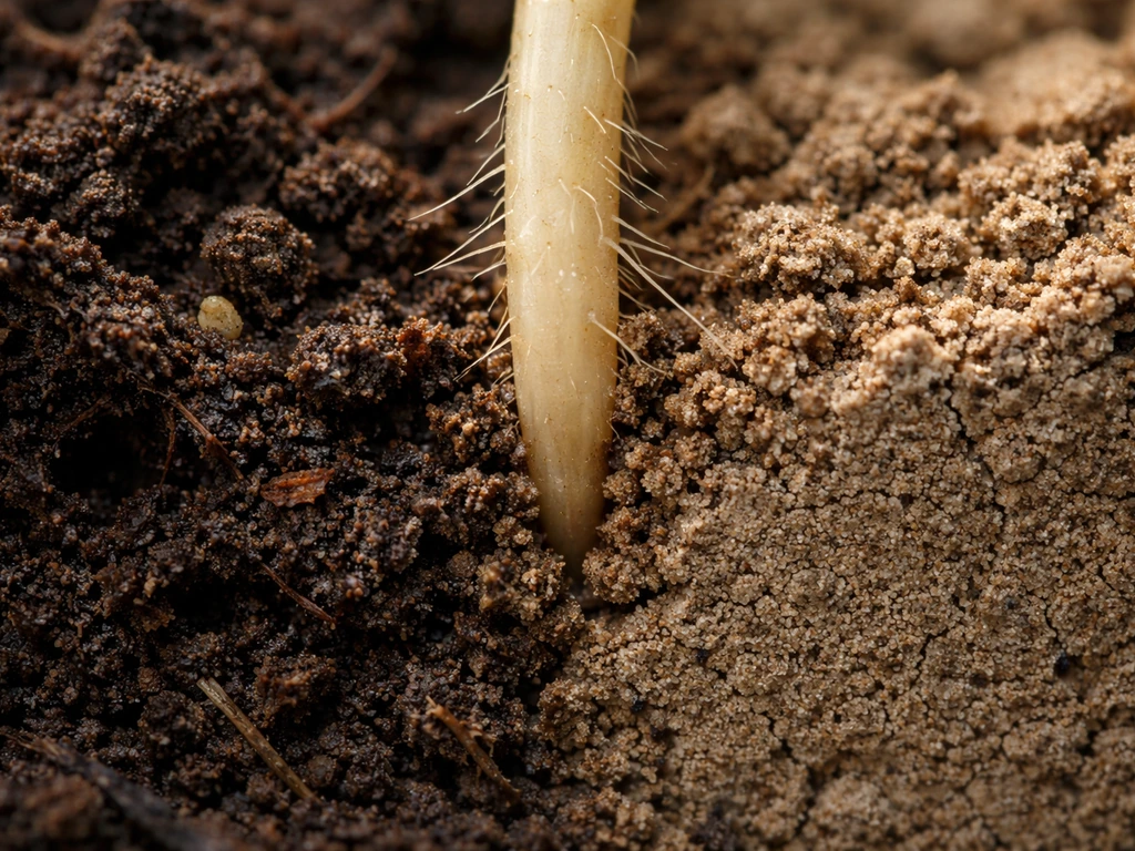 Macro view of a root tip pushing through loose vs compacted soil with fewer pores in the compacted area.