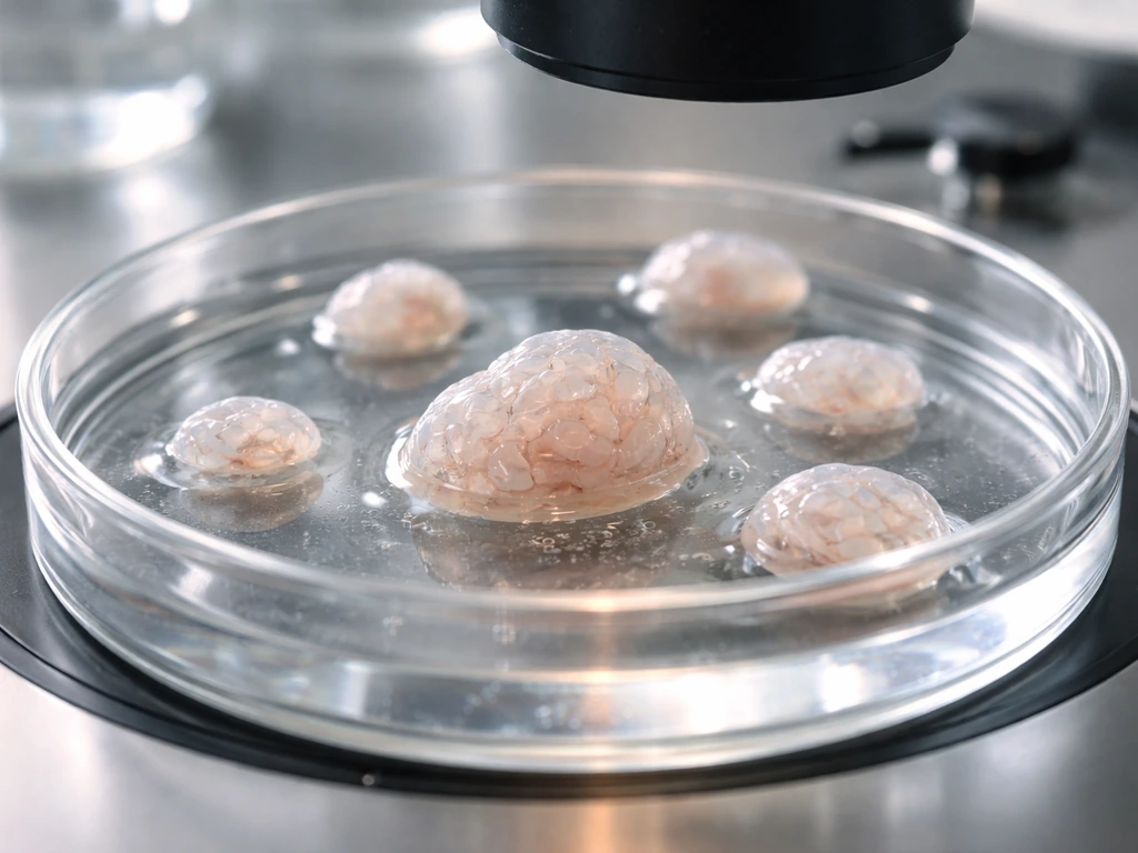 Microscope view of a lab culture dish with translucent 3D organoid-like stem cell structures forming