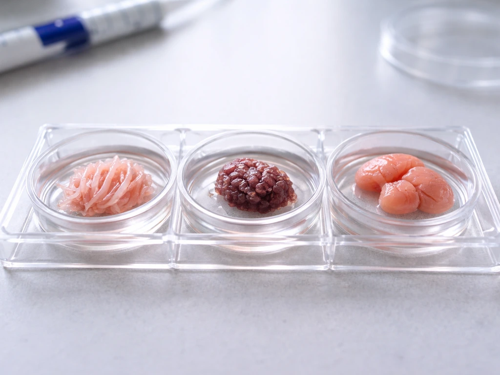 Close-up of three stem-cell organoids in separate lab wells, showing organ-like textures on a clean bench.