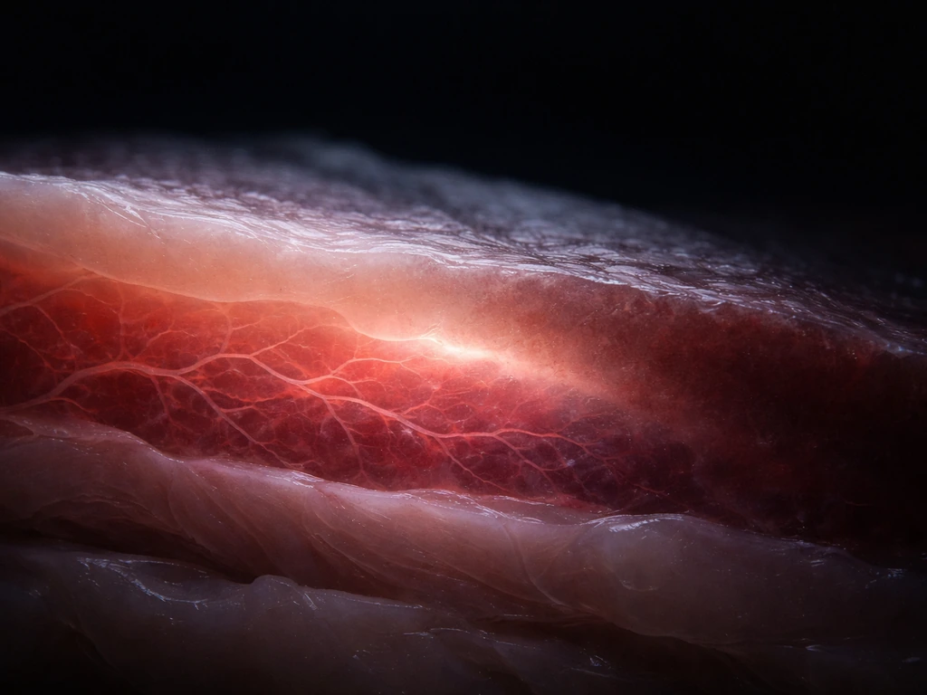 Photo-real tissue cross-section showing embedded microvessels and fading oxygen diffusion in thicker layers.