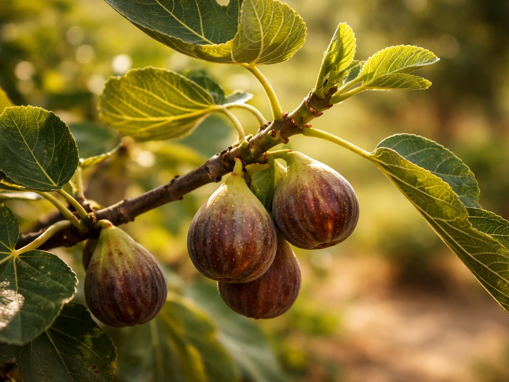 Sunlit fig tree with ripe figs and fresh green leaves, close-up in a warm garden setting.