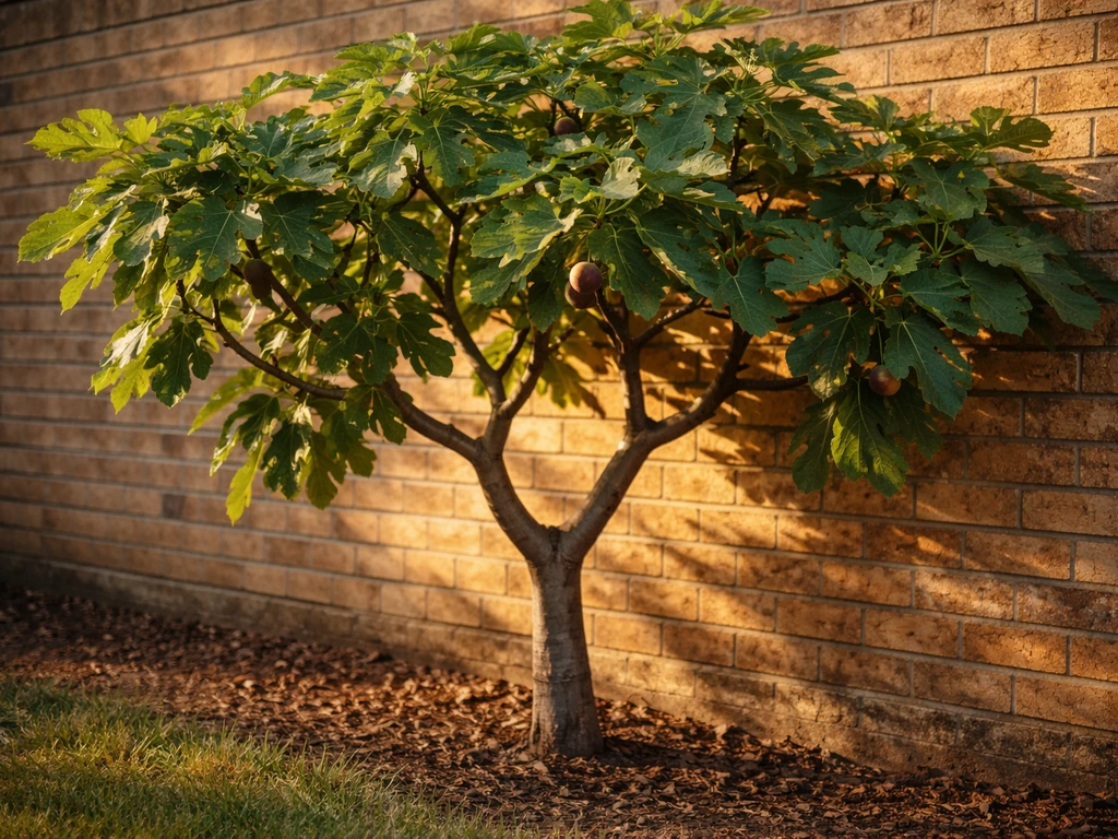 Sunny fig tree beside a brick wall with ripe figs and dense green leaves