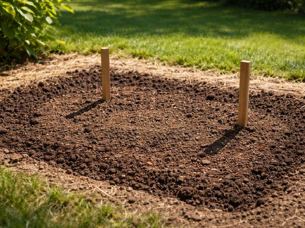 Sunlit prepared soil patch with stakes marking where to plant figs for proper spacing and airflow.