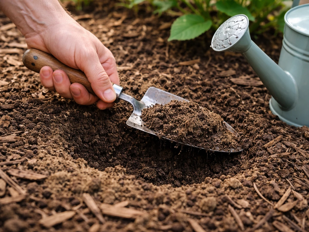 Hand checks the top inch of soil moisture in a garden bed, with a watering can ready to water.