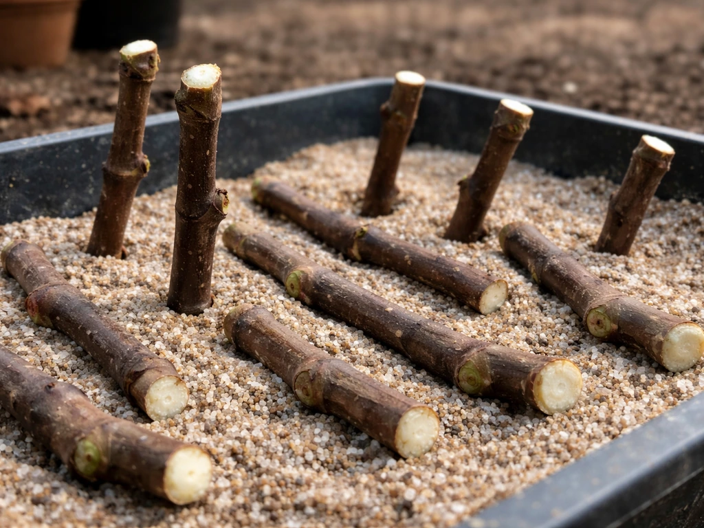 Brown fig hardwood cuttings with visible nodes placed in rooting medium trays before roots form.