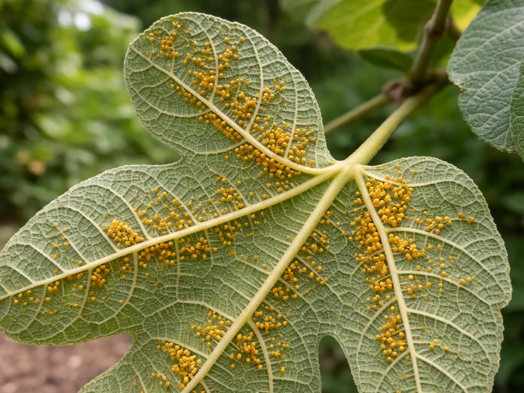 Macro close-up of a fig leaf underside with yellow-orange pustules from rust disease.