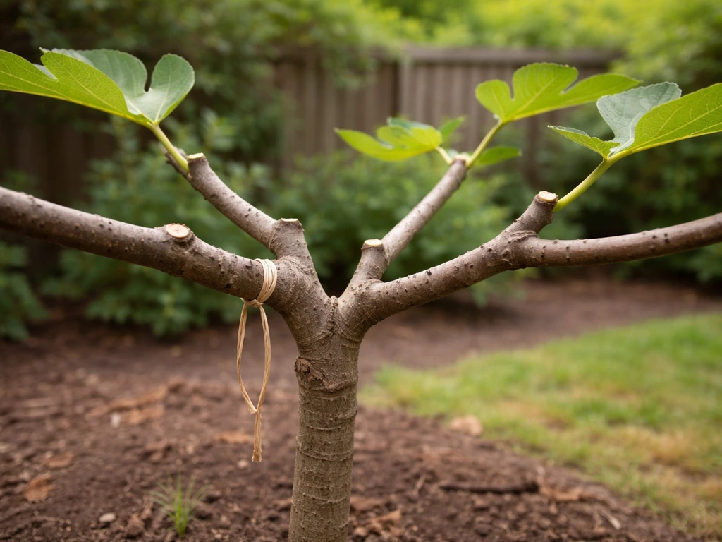 Close-up of a pruned fig branch showing open-canopy training cuts and ties on a small garden tree.