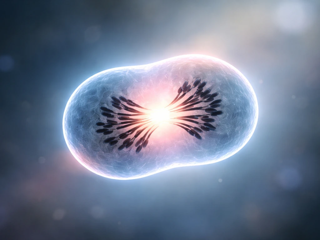 Microscope view of a dividing cell in mitosis with visible chromosomes and a clear surrounding cell membrane.