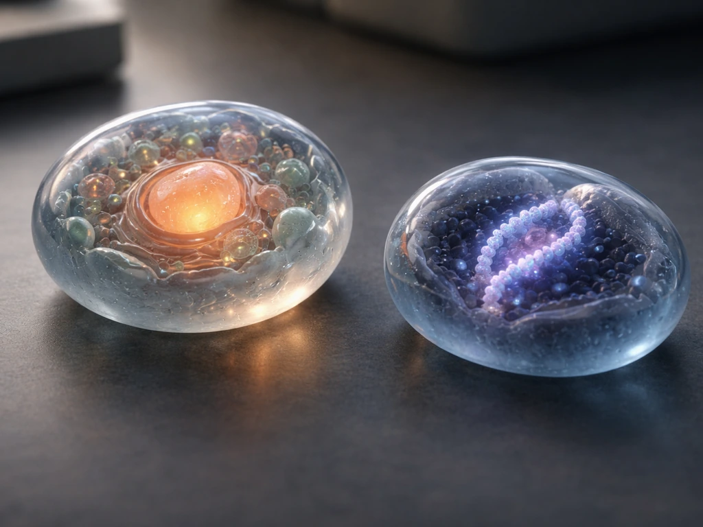 Two minimal 3D cell models showing growth via biosynthesis vs division with DNA-focused structures.